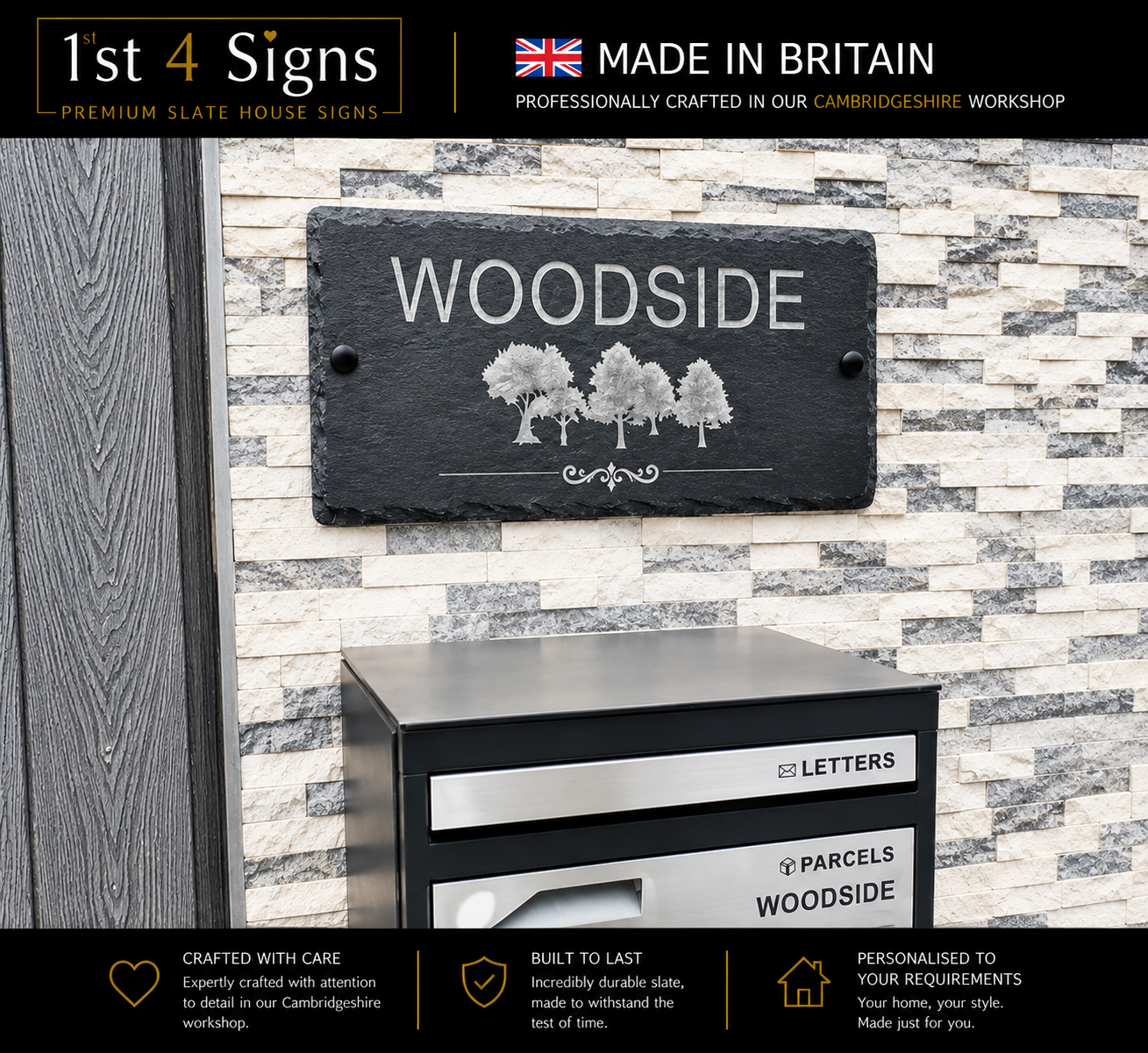 A personalized black slate house sign engraved with the name 'WOODSIDE' and three trees, mounted on a gray and white stone veneer wall above a black metal mailbox. The image includes promotional text banners at the top and bottom.