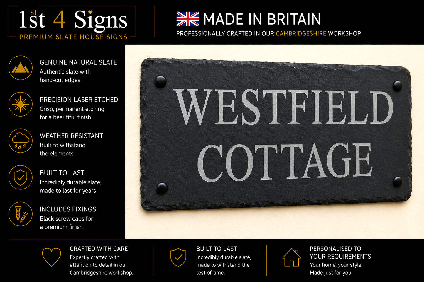 A slate house sign reading 'WESTFIELD COTTAGE' in raised light lettering, shown on a beige background with promotional text around it. The sign appears to be the product, while the surrounding text advertises the 1st 4 Signs brand and highlights features like natural slate edges, laser etching, weather resistance, and included fixings.