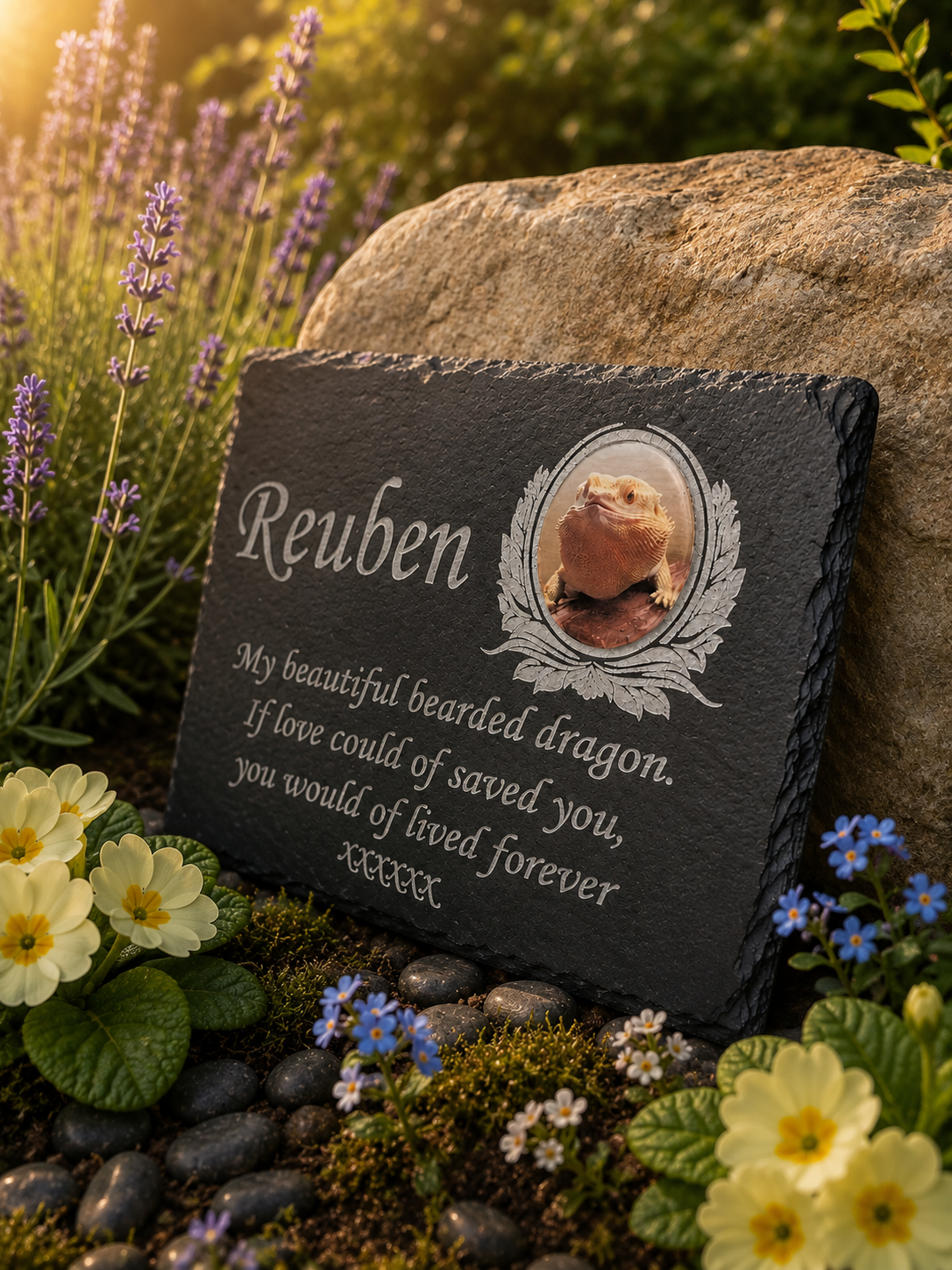 Personalized black slate pet memorial garden plaque with engraved text and a circular photo of a bearded dragon, displayed outdoors among flowers, moss, and a large rock.