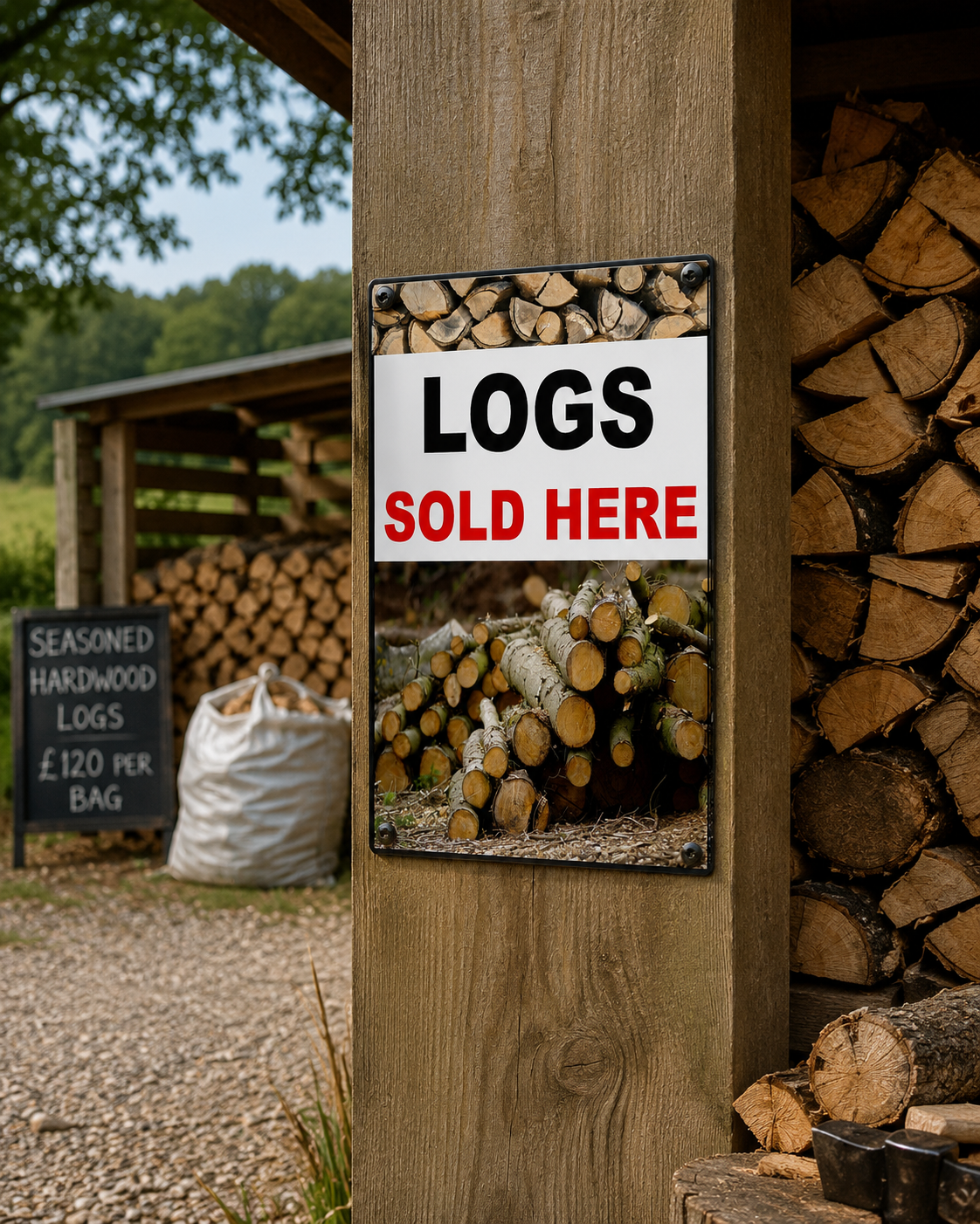 A rectangular metal sign on a wooden post at a woodpile reads 'LOGS SOLD HERE' in black and red text over a photo of stacked firewood. A smaller sign in the background says 'SEASONED HARDWOOD LOGS £120 PER BAG'.