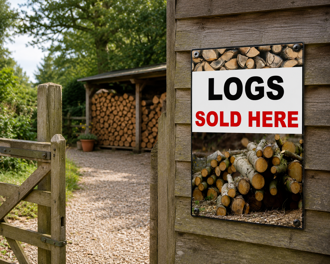 A rectangular metal sign mounted on a wooden wall reads 'LOGS SOLD HERE' with photos of stacked firewood at the top and bottom. The sign is shown outdoors on a rustic wooden building next to a gate, with a woodshed and trees in the background.