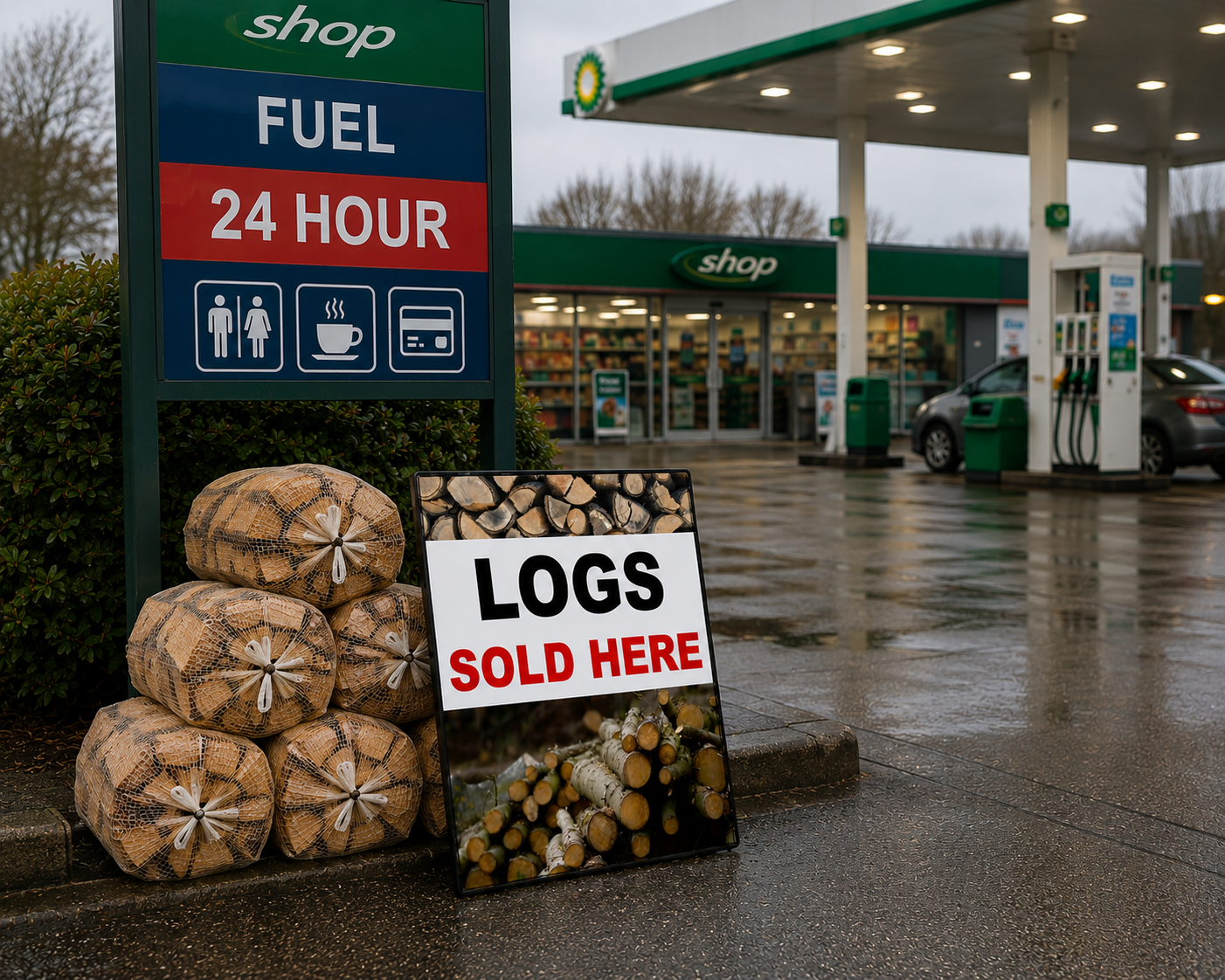 A stack of round wood logs wrapped in protective material sits beside a freestanding sign that reads 'LOGS SOLD HERE' at a gas station. The station sign indicates 24-hour fuel service, and a BP gas station canopy and pumps are visible in the background.