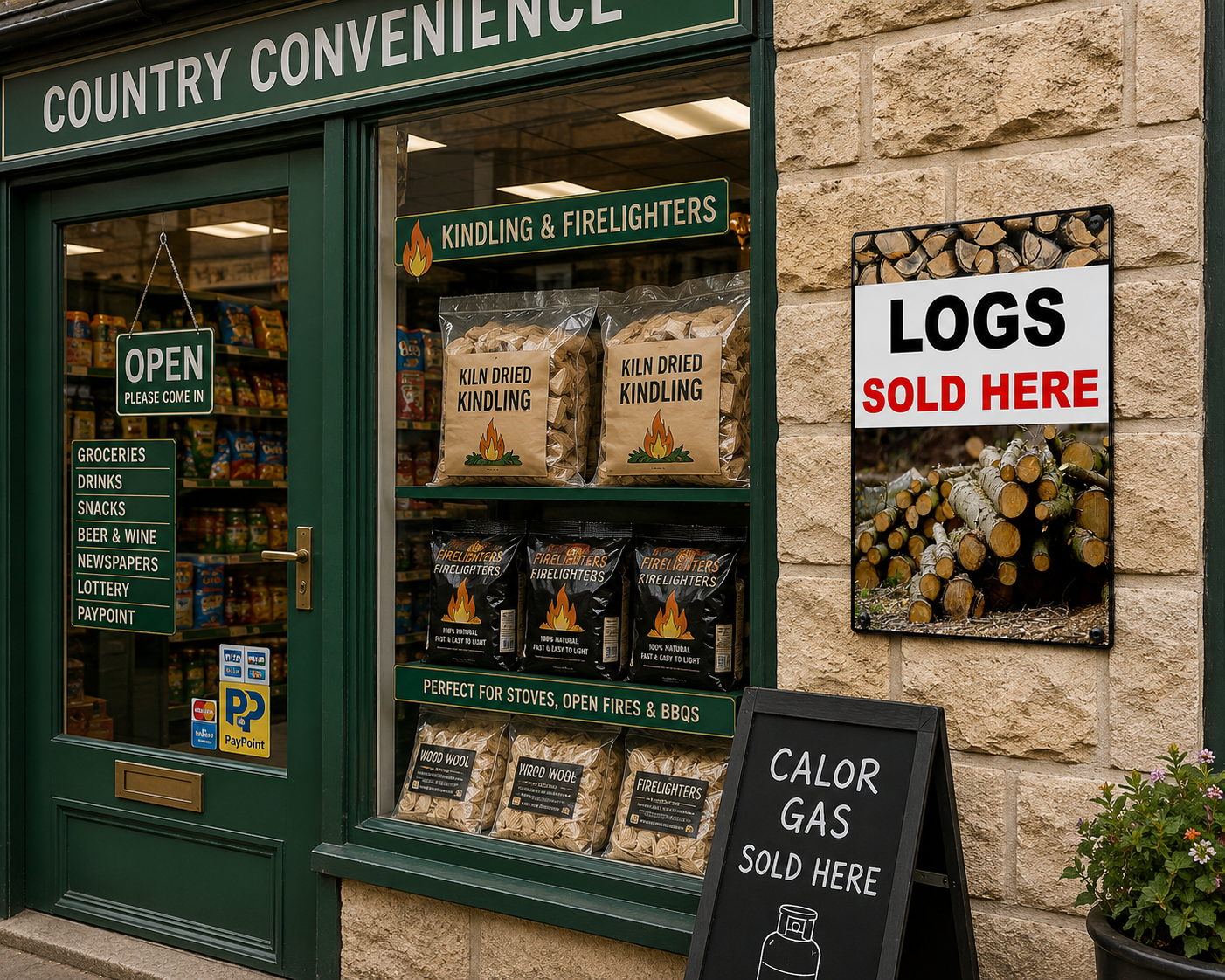 Country Convenience store storefront with green-framed windows and doors, displaying bags of Kiln Dried Kindling and logs on the shelves and wall. A sign reads 'LOGS SOLD HERE,' and a chalkboard sign says 'CALOR GAS SOLD HERE.