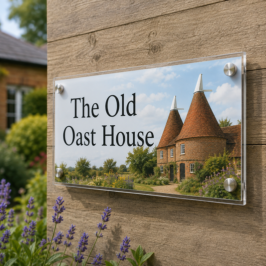 A rectangular acrylic sign mounted on a wooden wall, featuring the text 'The Old Oast House' over a printed image of a brick oast house with conical roofs. The sign has silver corner mounts and is photographed outdoors with garden plants and a blurred building in the background.