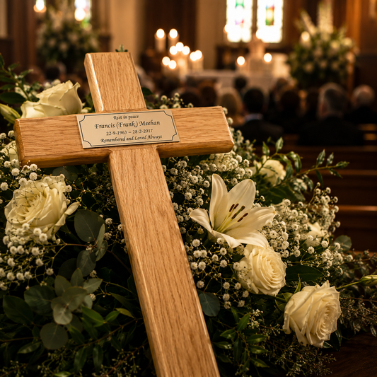 A wooden memorial cross with a personalized nameplate, displayed in a floral arrangement of white roses and lilies in a church setting.