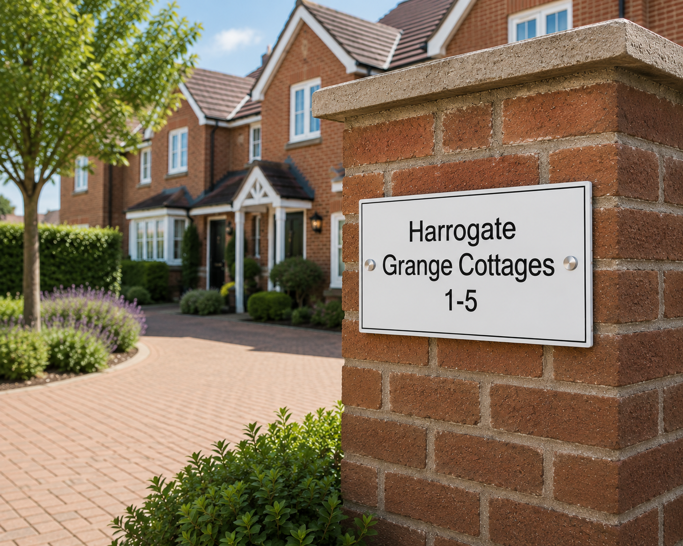 A white rectangular real estate sign reading 'Harrogate Grange Cottages 1-5' mounted on a red brick pillar in front of a brick suburban house with a paved driveway and greenery.