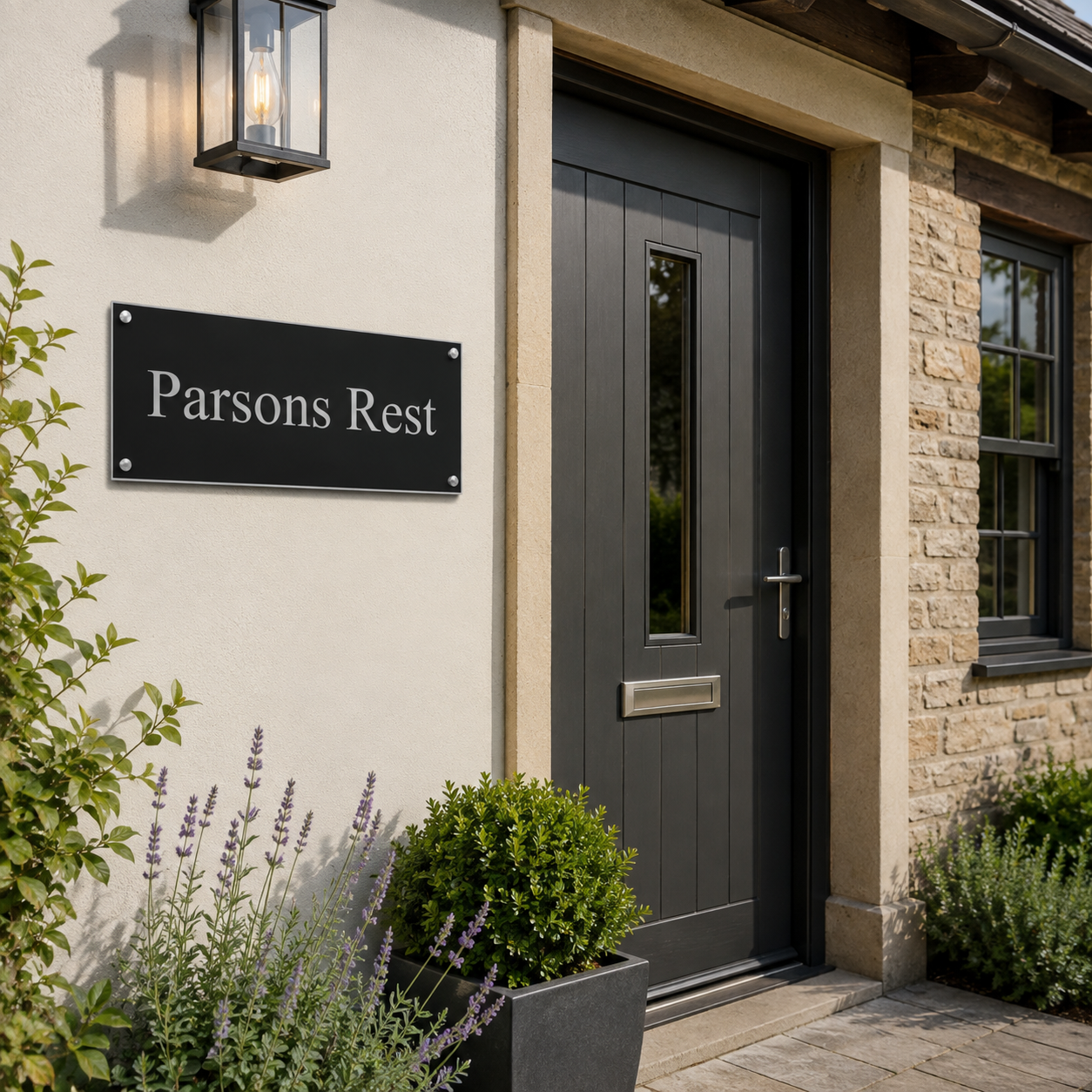 A modern dark charcoal gray front door with a vertical glass window, set in a stone and stucco entryway. To the left of the door is a black rectangular sign reading 'Parsons Rest' in white text, mounted on a cream-colored wall under a black outdoor lantern light.