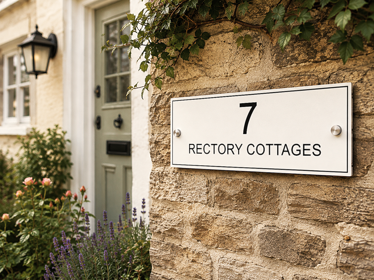 Personalised white aluminium house sign with black lettering, contemporary matt metal house plaque with hidden floating or visible stand-off fixing options for modern homes.
