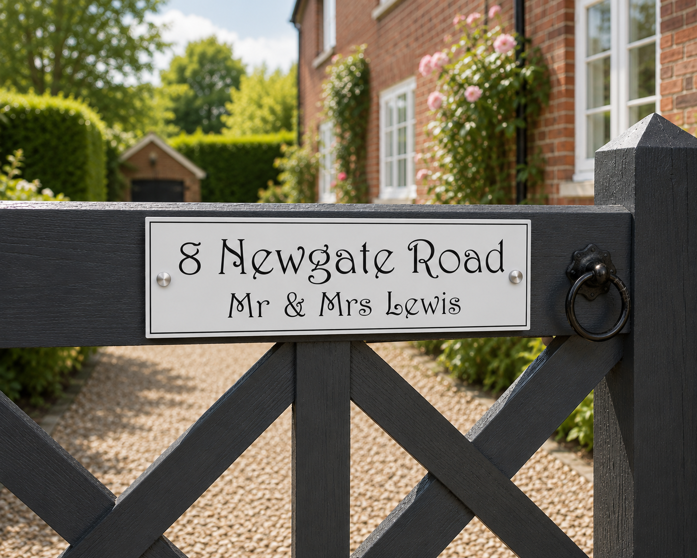A custom rectangular white sign with black lettering reading '8 Newgate Road Mr & Mrs Lewis', mounted on a dark gray wooden garden gate in front of a brick house and green hedges.