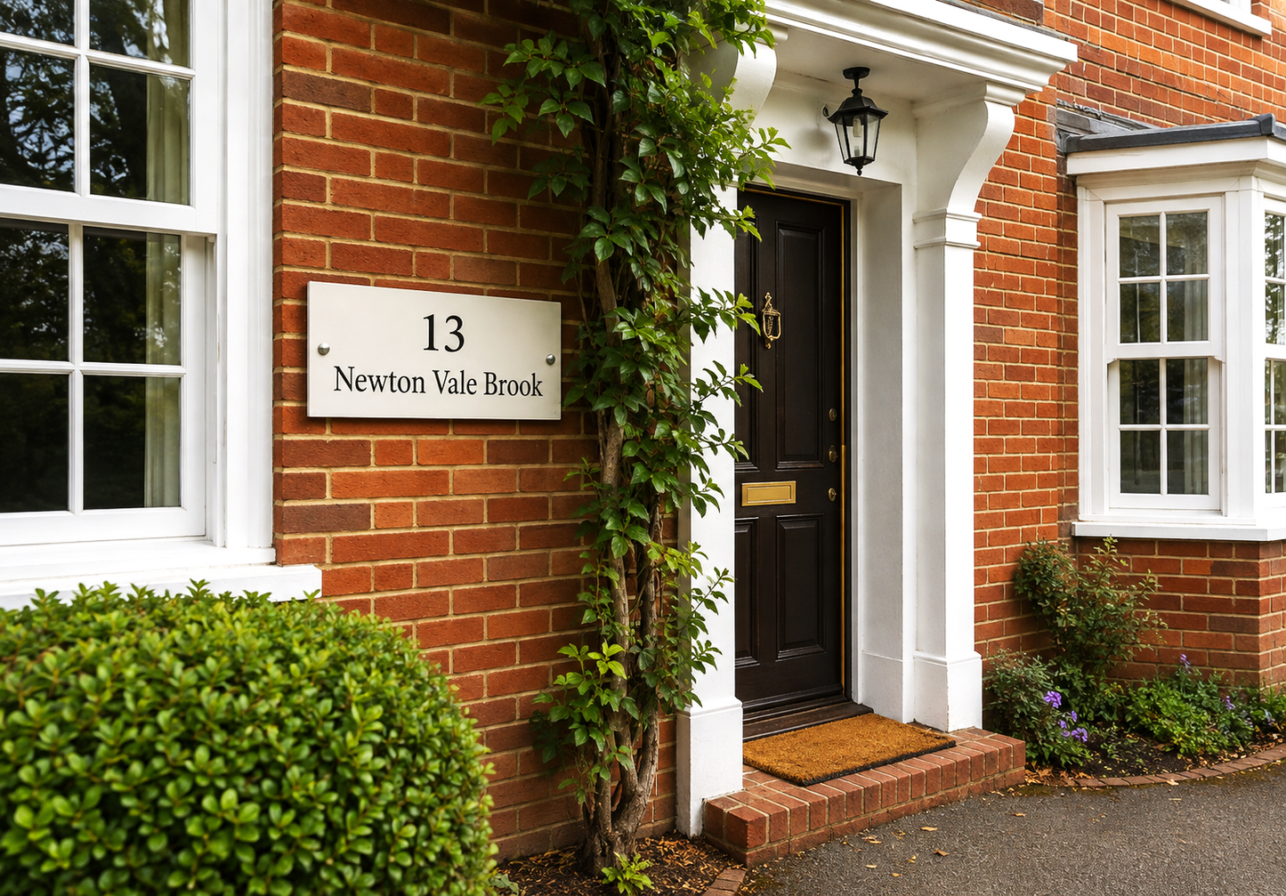 Front exterior of a red brick house showing a black front door, white columns, a house number sign reading 13 Newton Vale Brook, green ivy climbing the door frame, and landscaped shrubs and windows.