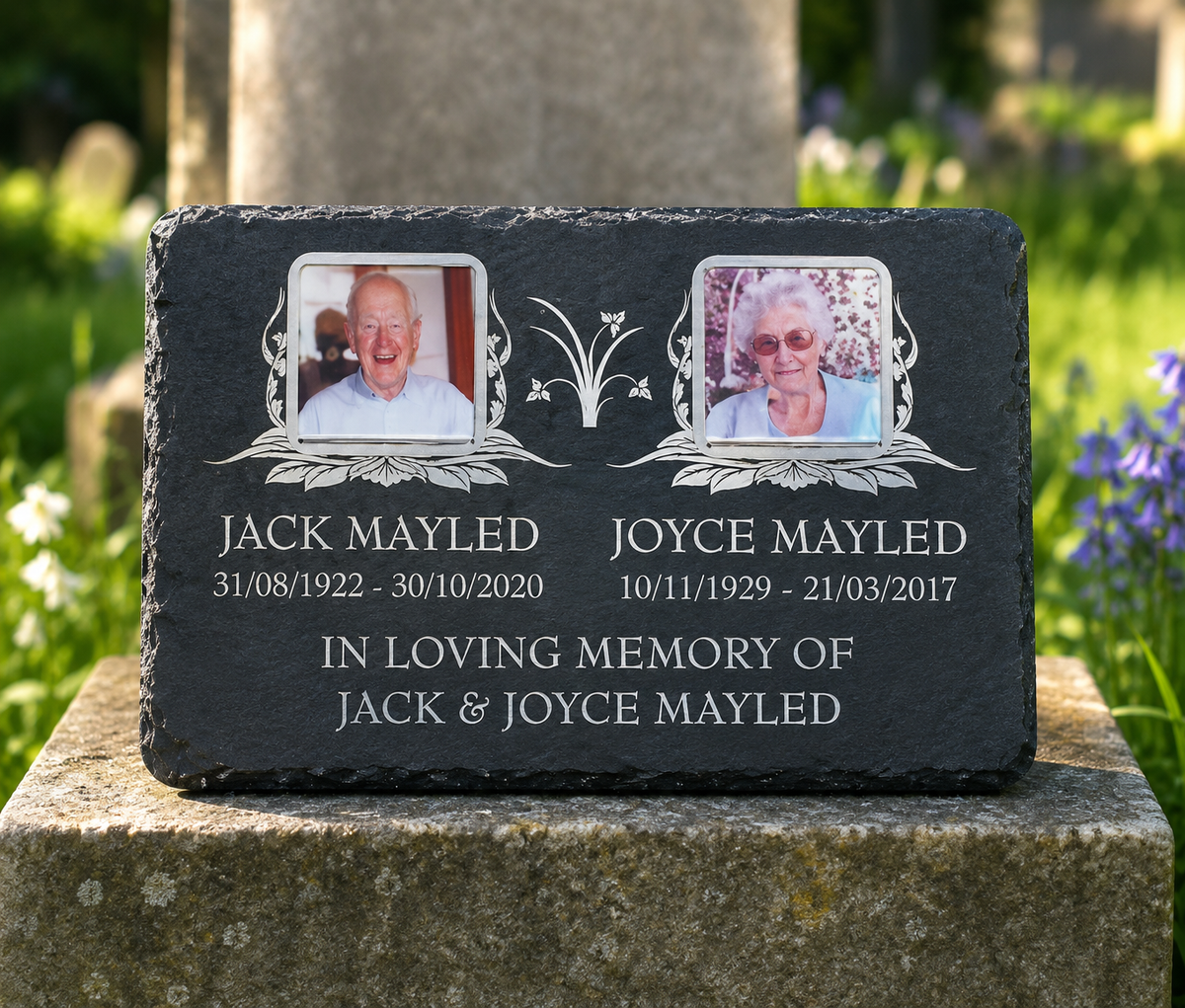 Personalised two photo memorial plaque and natural slate grave marker with two colour photographs, laser etched names, dates and remembrance wording