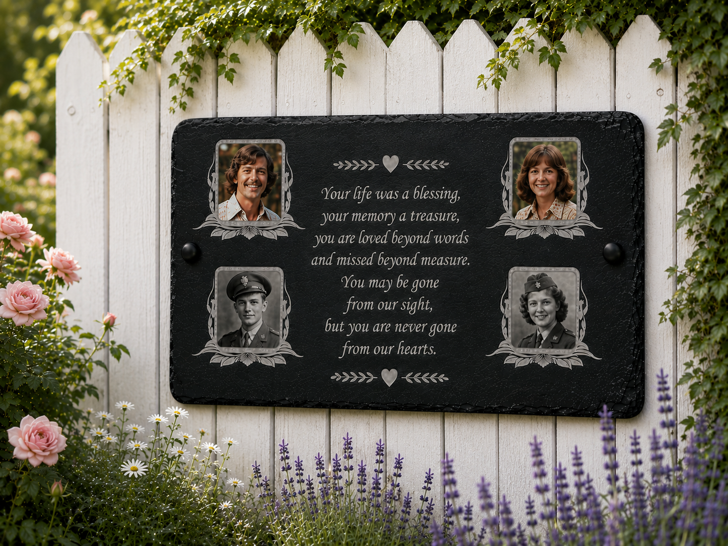 Four photo companion memorial plaque for grandparents, parents or couples with photographs, names, dates and remembrance wording on natural slate