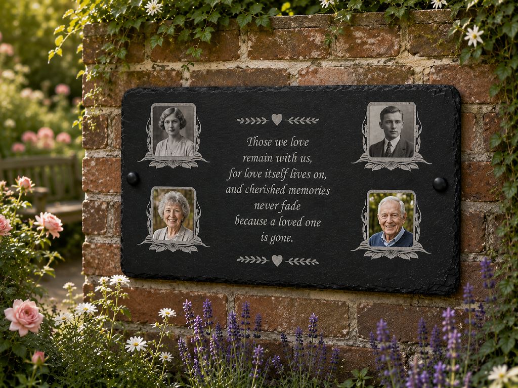 A rectangular black memorial plaque mounted on a brick wall in a garden, featuring four portrait photos of family members and an engraved remembrance message between them.