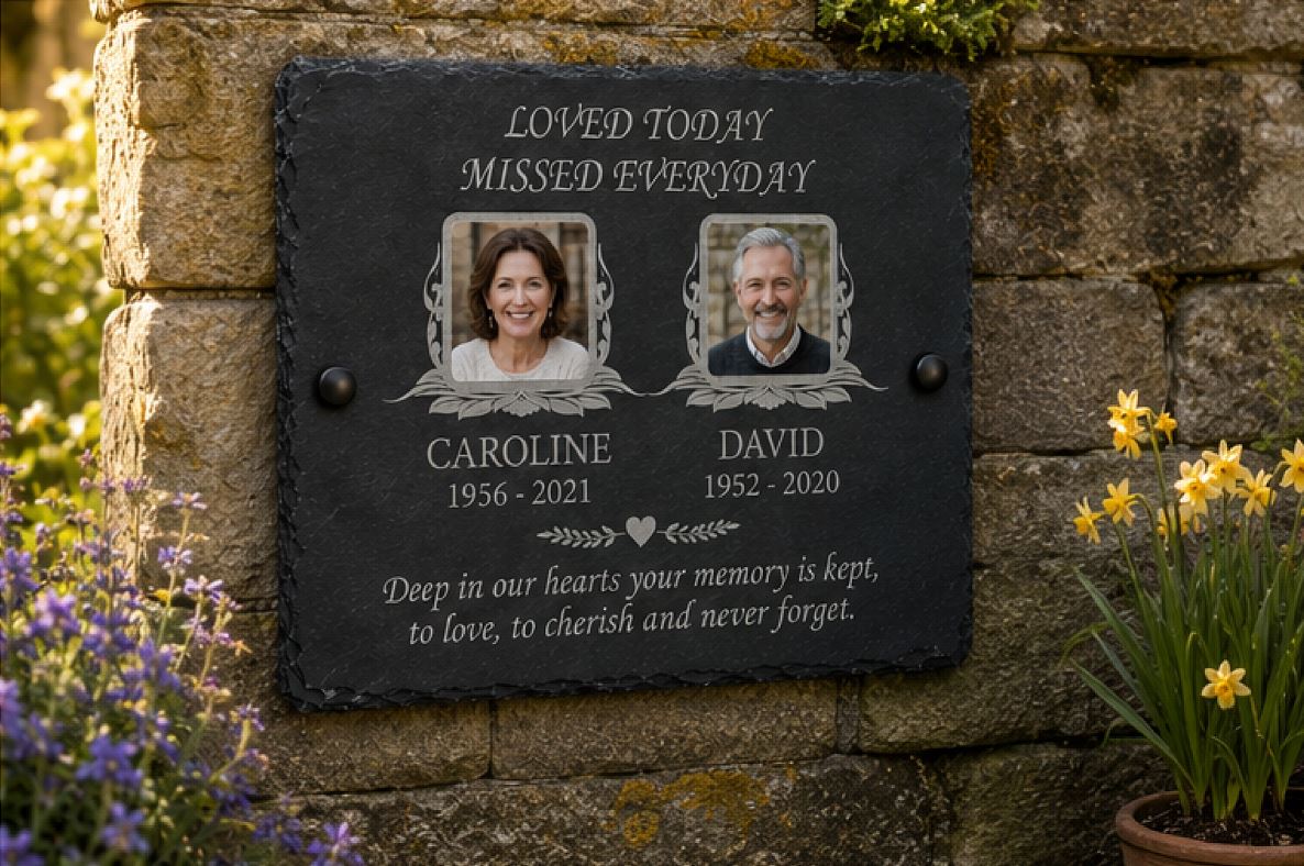 Personalised two photo memorial plaque and natural slate grave marker with two colour photographs, laser etched names, dates and remembrance wording