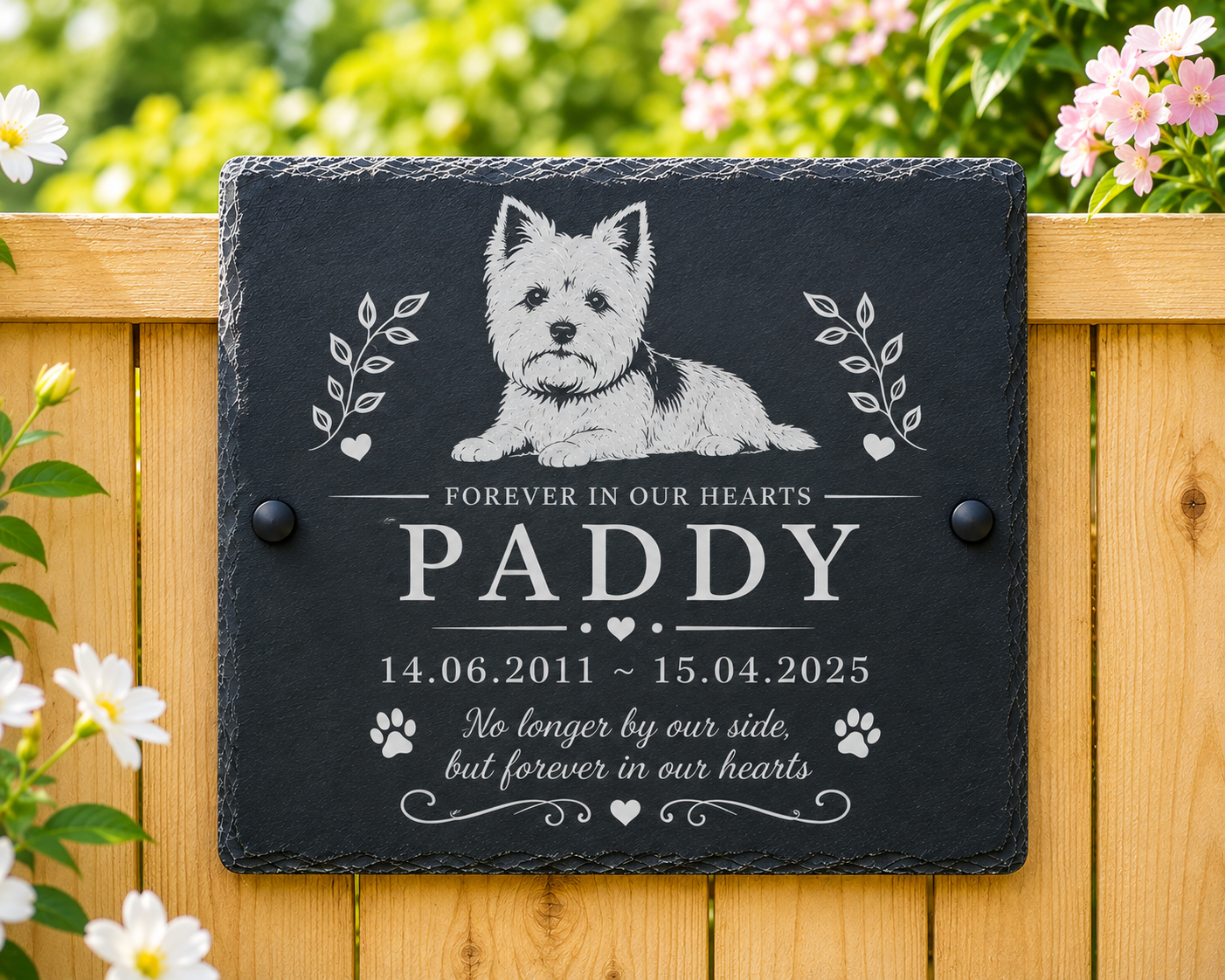 Personalized black slate pet memorial plaque mounted on a wooden fence, featuring a white dog illustration and engraved text reading 'PADDY' with dates and remembrance message, surrounded by garden foliage and flowers.
