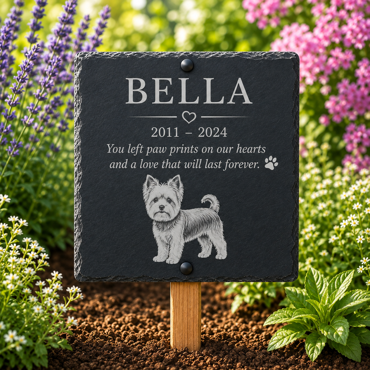 Personalized black slate pet memorial garden plaque on a wooden stake, engraved with the name BELLA, dates 2011-2024, a remembrance quote, and a dog illustration, displayed in a garden with flowers and soil.