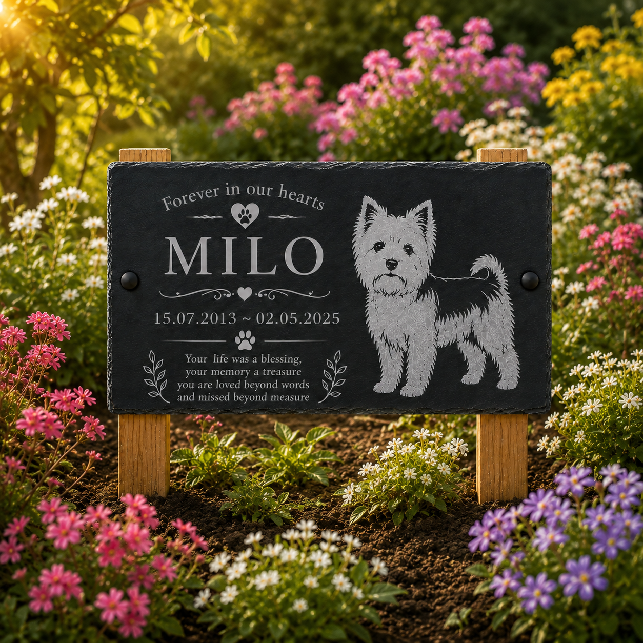 Personalized black slate pet memorial garden plaque with wooden stakes, engraved with the name MILO, dates, a paw print, and a white dog illustration, displayed in a flower garden.