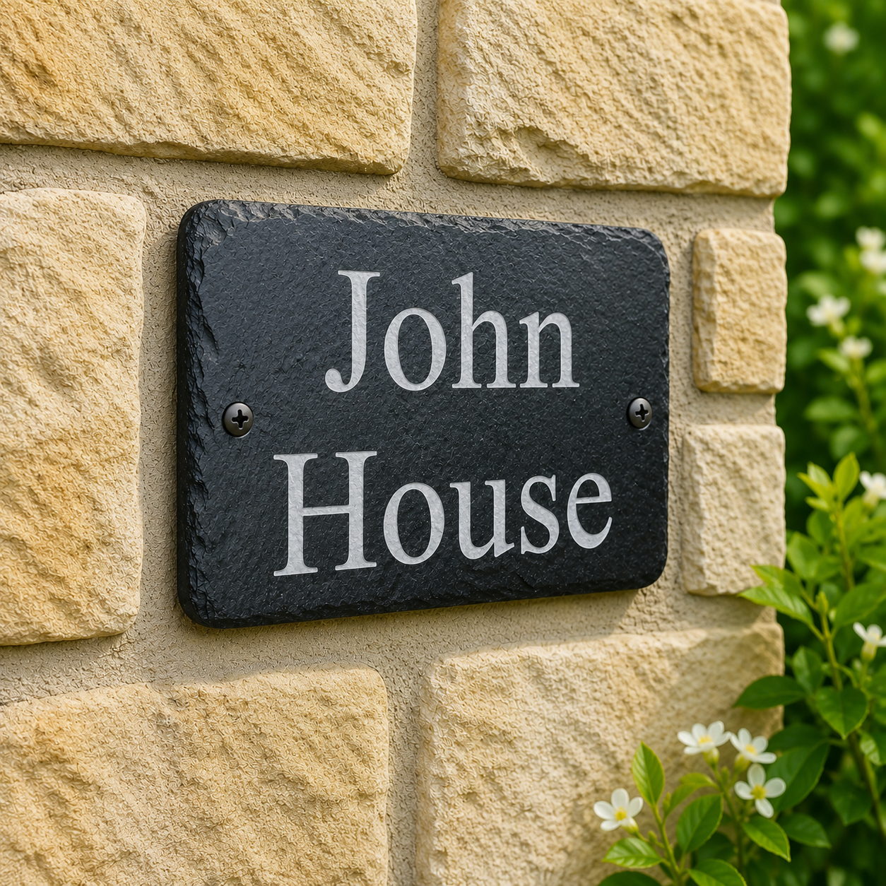 A rectangular black slate house plaque with white serif text reading 'John House,' mounted on a beige stone wall with green foliage visible on the right side.