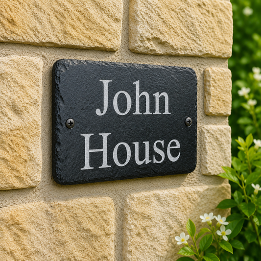 A rectangular black slate house plaque with white serif text reading 'John House,' mounted on a beige stone wall with green foliage visible on the right side.