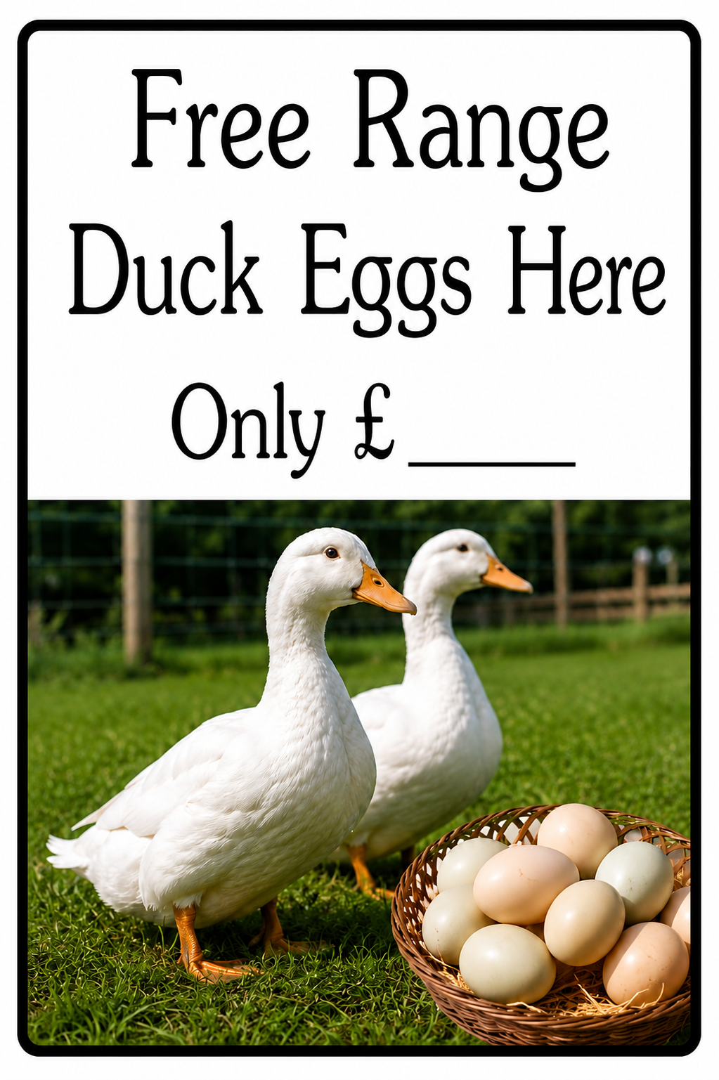 Promotional graphic for free range duck eggs featuring two white ducks on a green lawn next to a basket of eggs, with text reading 'Free Range Duck Eggs Here Only £___' on a white background.