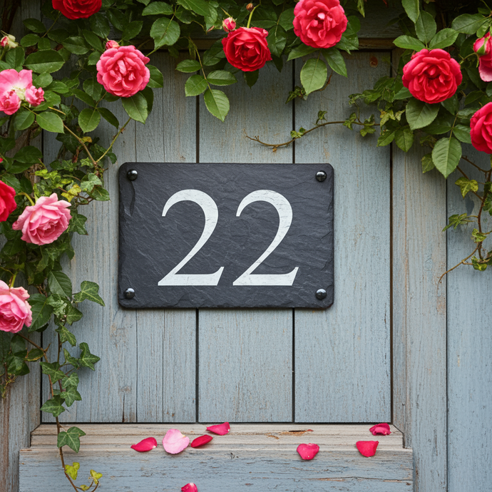 House number 22 on a slate plaque with pink roses and greenery.