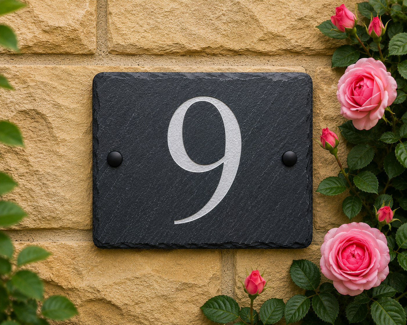 A rectangular black slate house number plaque featuring the number 9 in white, mounted on a beige stone wall with pink roses growing along the right side.