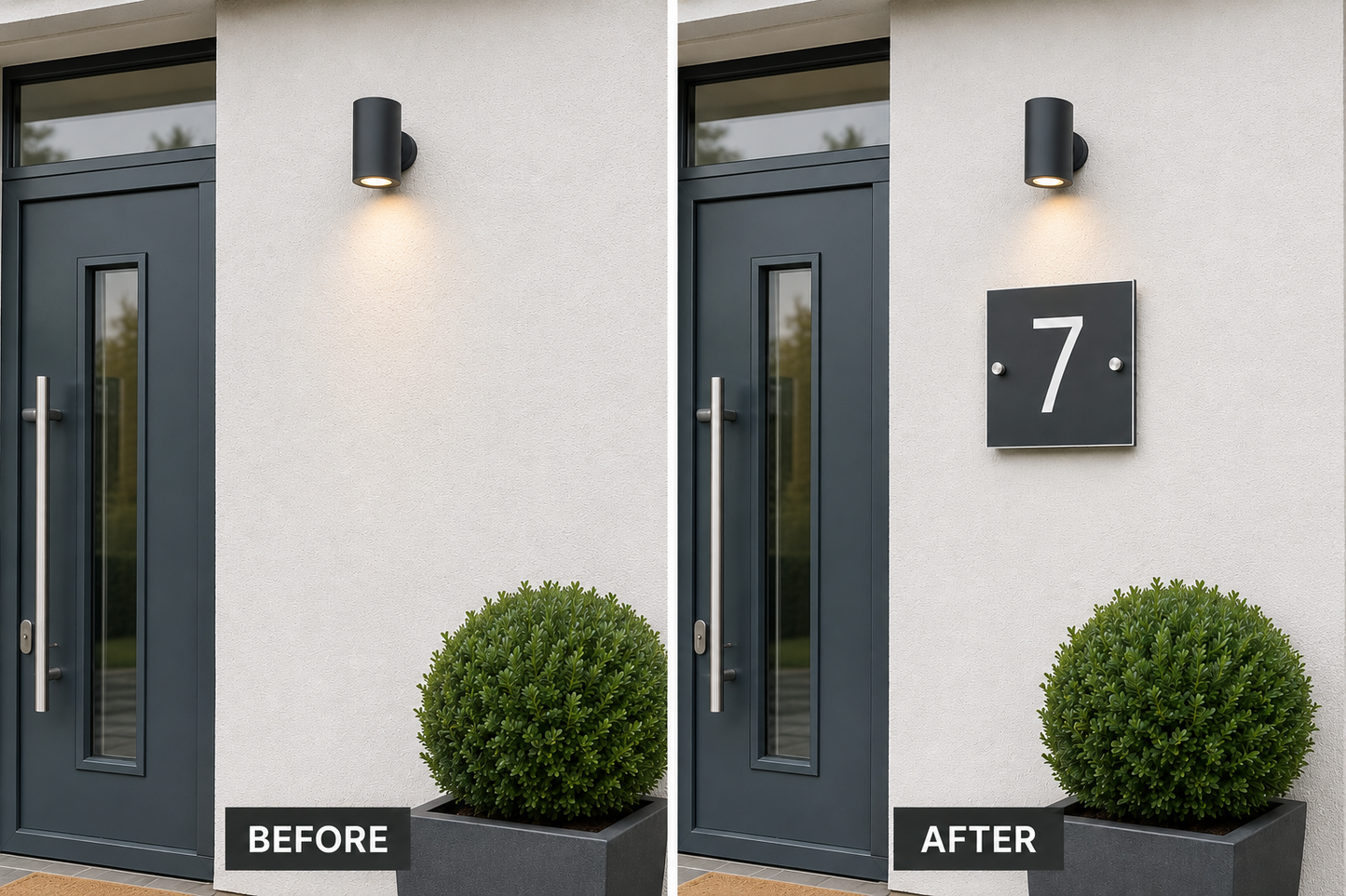 A side-by-side before and after comparison of a modern black outdoor wall light mounted above a dark gray front door. The left panel is labeled BEFORE and shows the light turned off.
