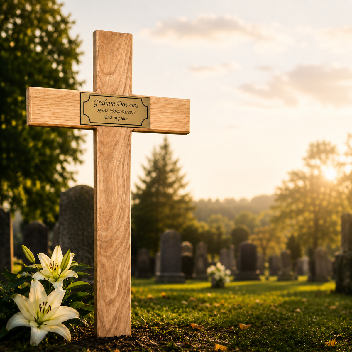 A wooden memorial cross with a brass nameplate stands in a grassy cemetery at sunset, with white lilies at its base and blurred tombstones in the background.