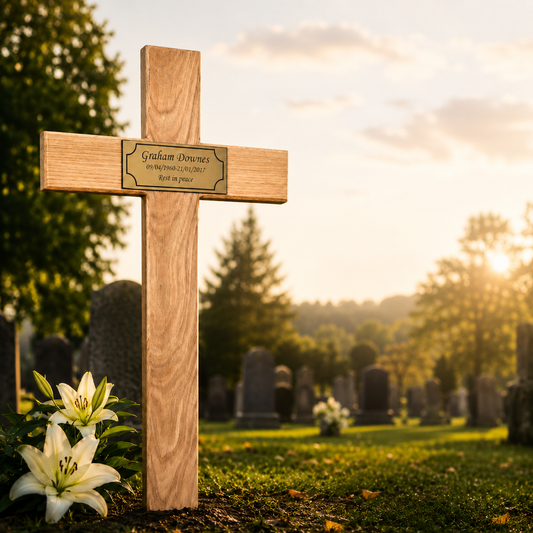 A wooden memorial cross with a brass nameplate stands in a grassy cemetery at sunset, with white lilies at its base and blurred tombstones in the background.