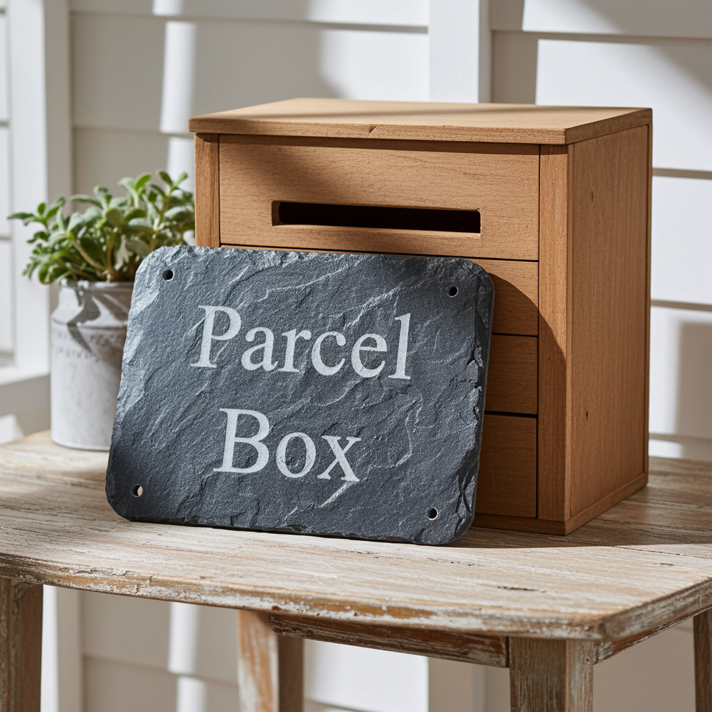 A dark slate sign reading 'Parcel Box' leans in front of a wooden parcel box with a slot on a rustic table, with a potted plant and white siding in the background.