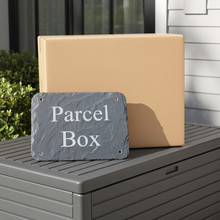 a sign made of slate with parcel box written on it