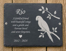 Slate plaque with engraved parrot design and text on a wooden background