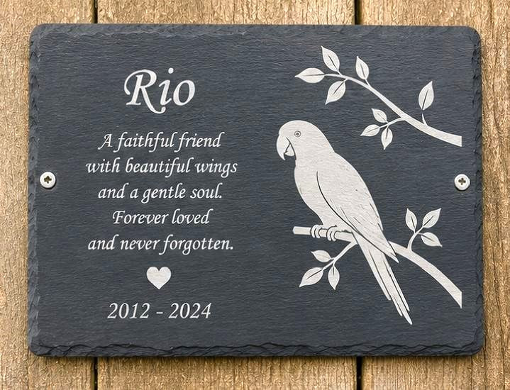 Personalized dark slate memorial plaque engraved with a white parrot, leaves, and the name Rio, placed on a wooden surface.