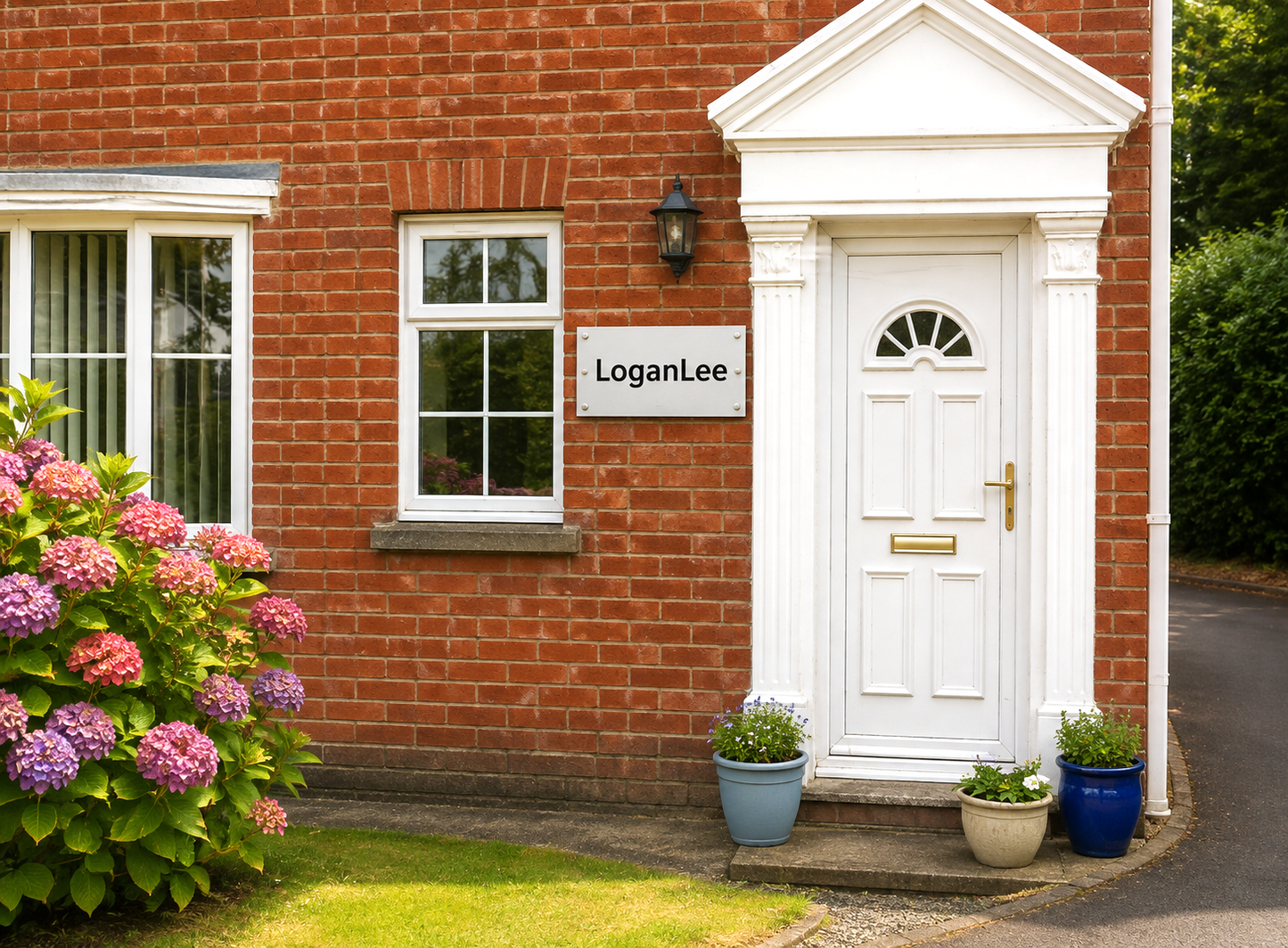 Large personalised white aluminium house sign with black lettering, contemporary matt metal house plaque with hidden floating or stainless steel stand-off fixing options for luxury homes and business entrances.
