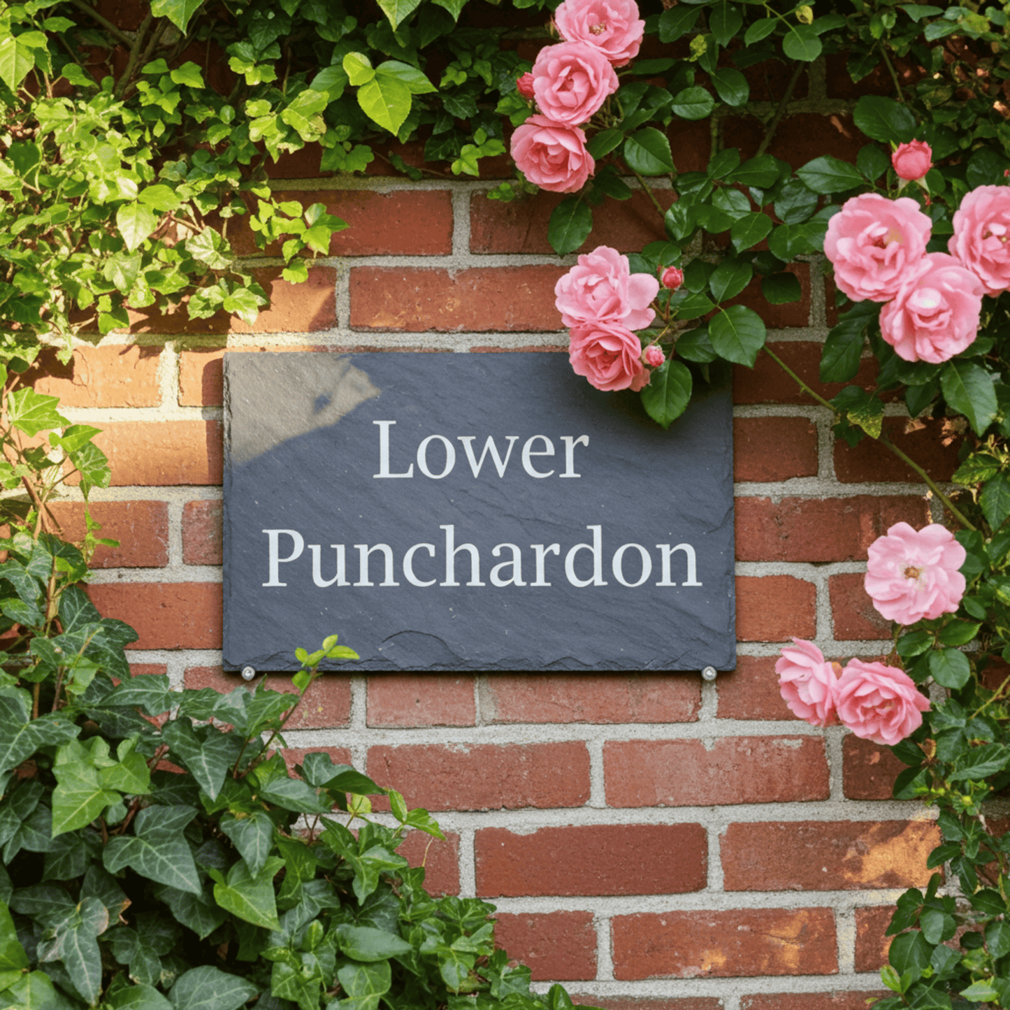A rectangular dark slate sign reading 'Lower Punchardon' in white lettering, mounted on a red brick wall and surrounded by green ivy and pink roses.