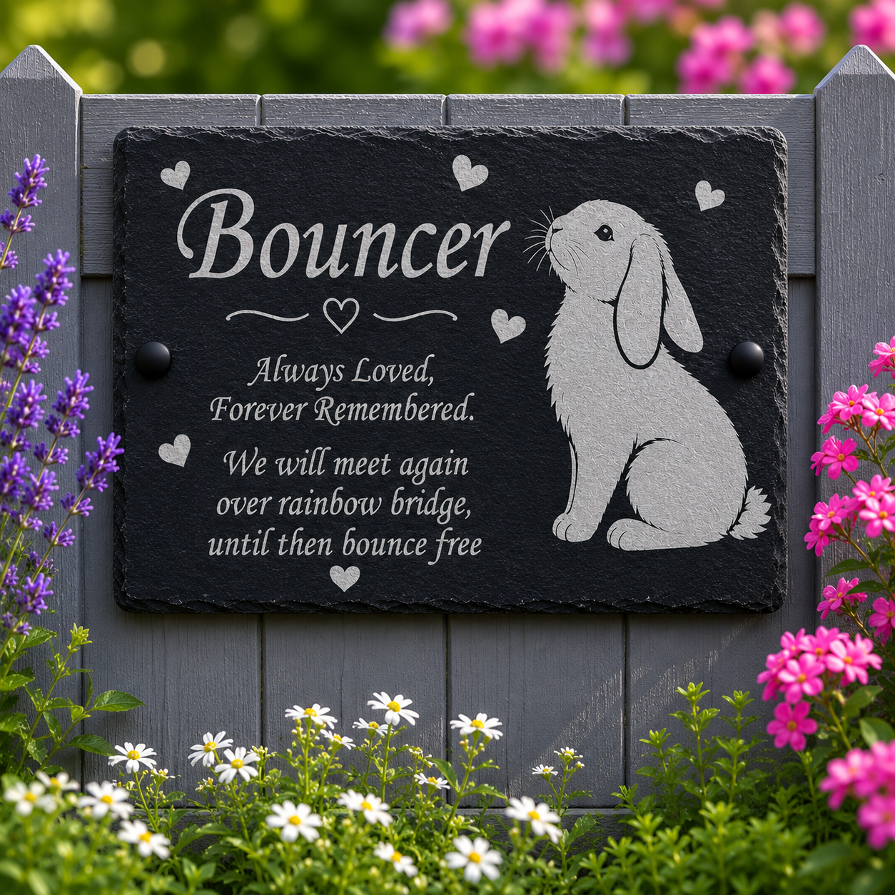 Memorial plaque for a pet named 'Bouncer' with a rabbit illustration, surrounded by flowers and greenery.
