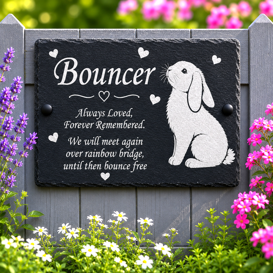 Personalized black slate memorial garden plaque with a white engraved bunny illustration and the name 'Bouncer' on a gray wooden fence, surrounded by pink and white flowers.