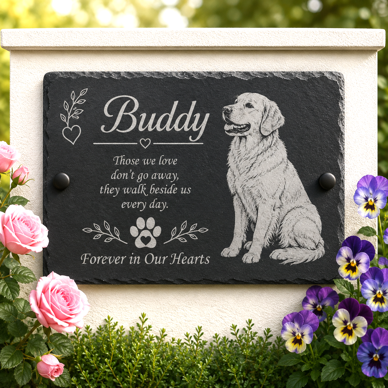 Personalized black slate memorial plaque with engraved white text and a dog illustration, mounted on a cream stone pillar and surrounded by pink roses and purple flowers outdoors.