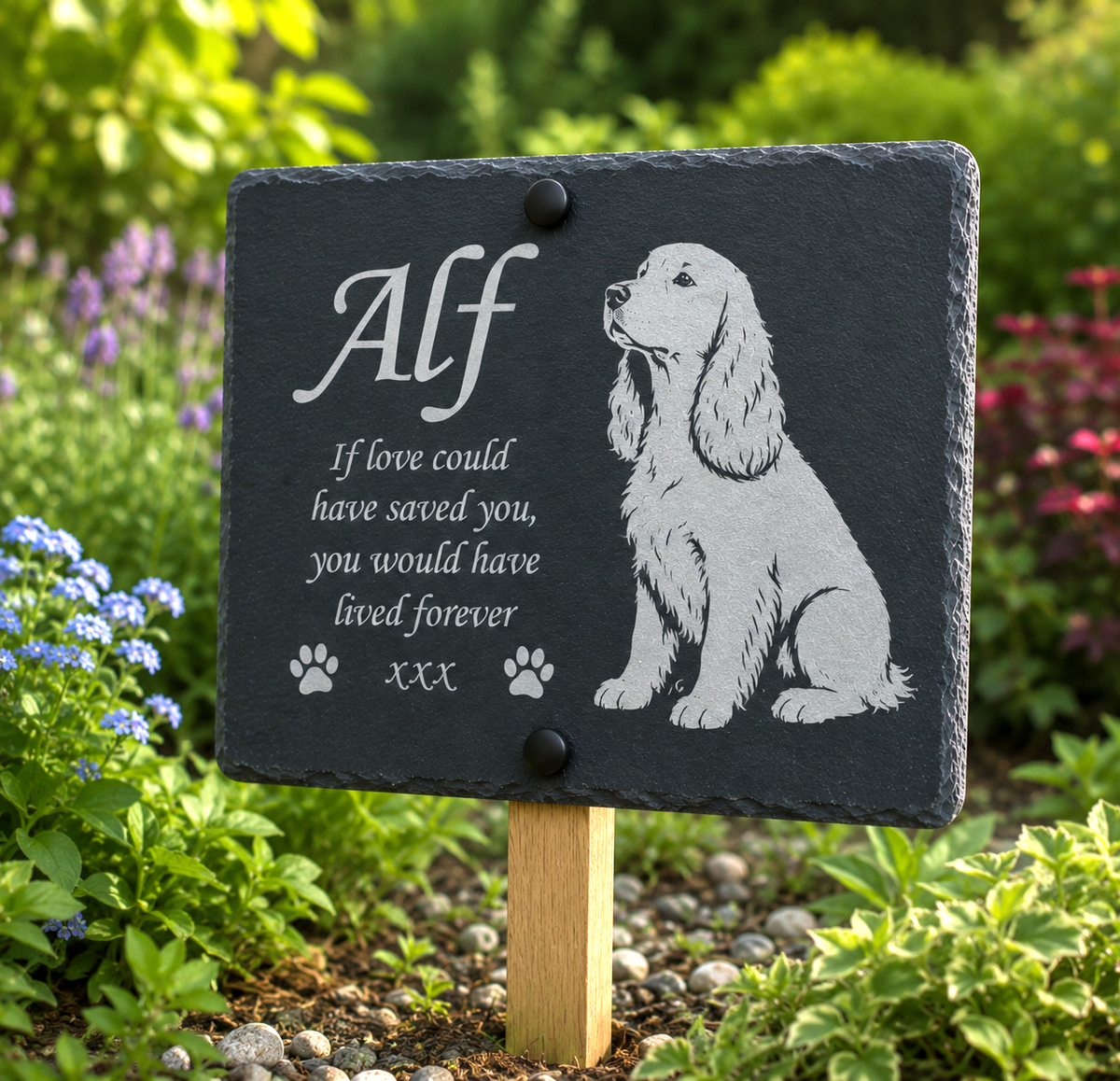 Personalised natural slate pet memorial plaque with animal design, custom pet name, dates and memorial wording