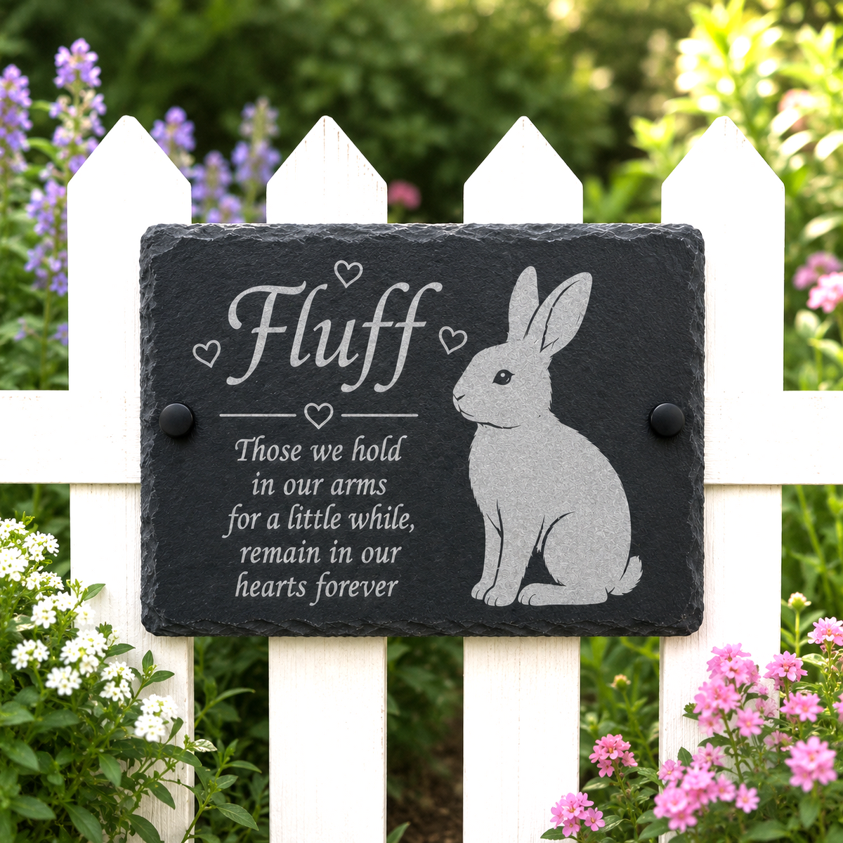 Personalized black slate memorial garden plaque with an engraved bunny and the name 'Fluff' on a white picket fence with flowers in a garden setting.