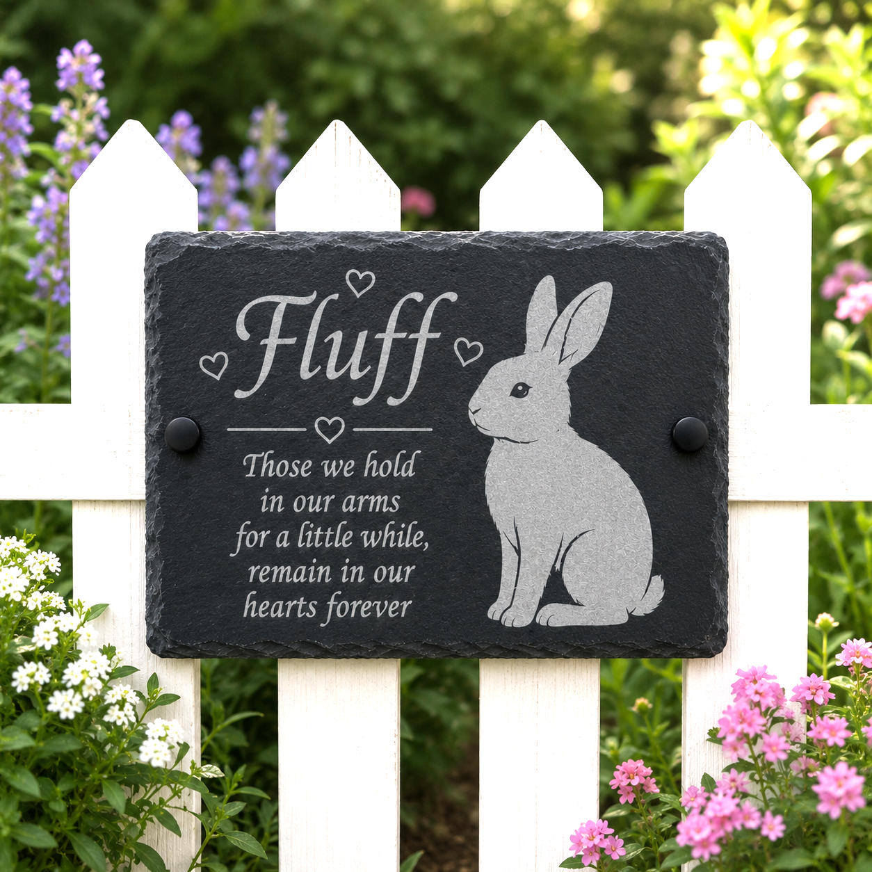 Personalized black slate memorial garden plaque with an engraved bunny and the name 'Fluff' on a white picket fence with flowers in a garden setting.