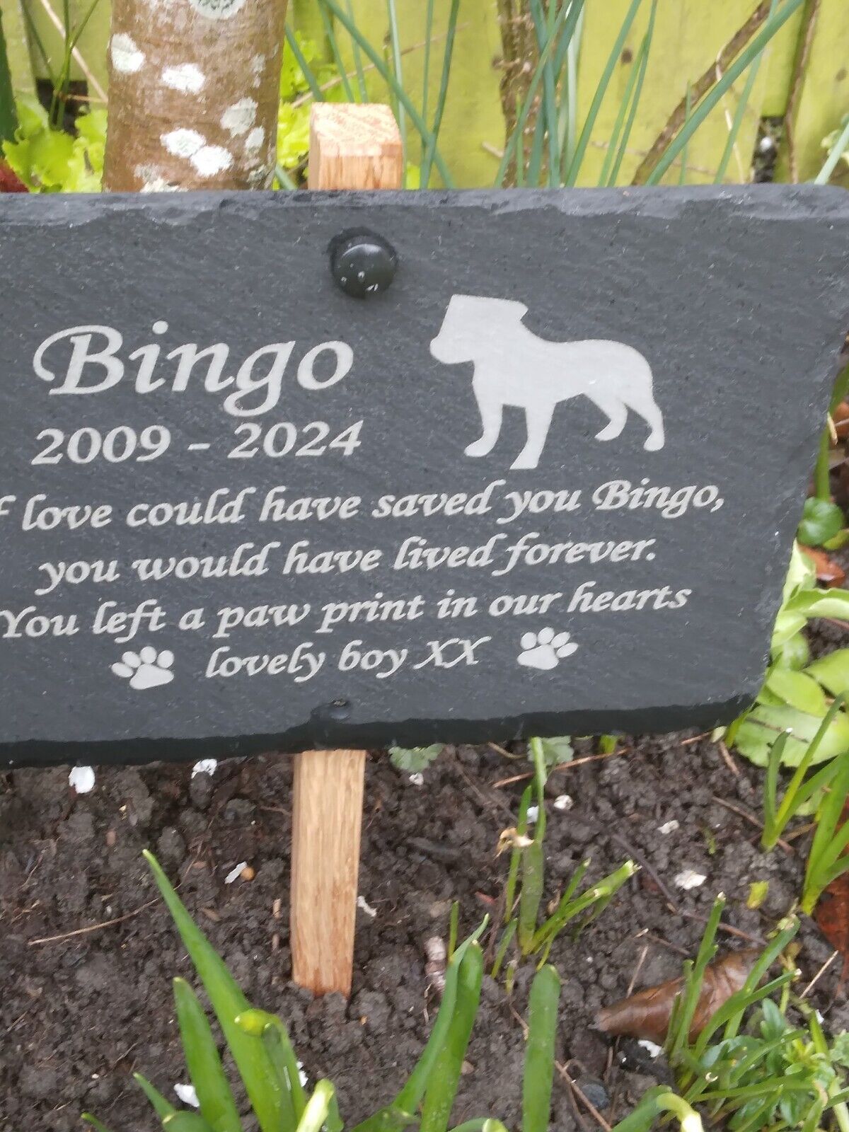 A personalized black slate pet memorial garden plaque with engraved white text and a dog silhouette, mounted on a wooden stake in soil and grass.