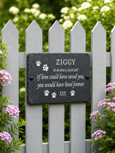 Memorial plaque for a pet named Ziggy on a white picket fence with flowers in the background