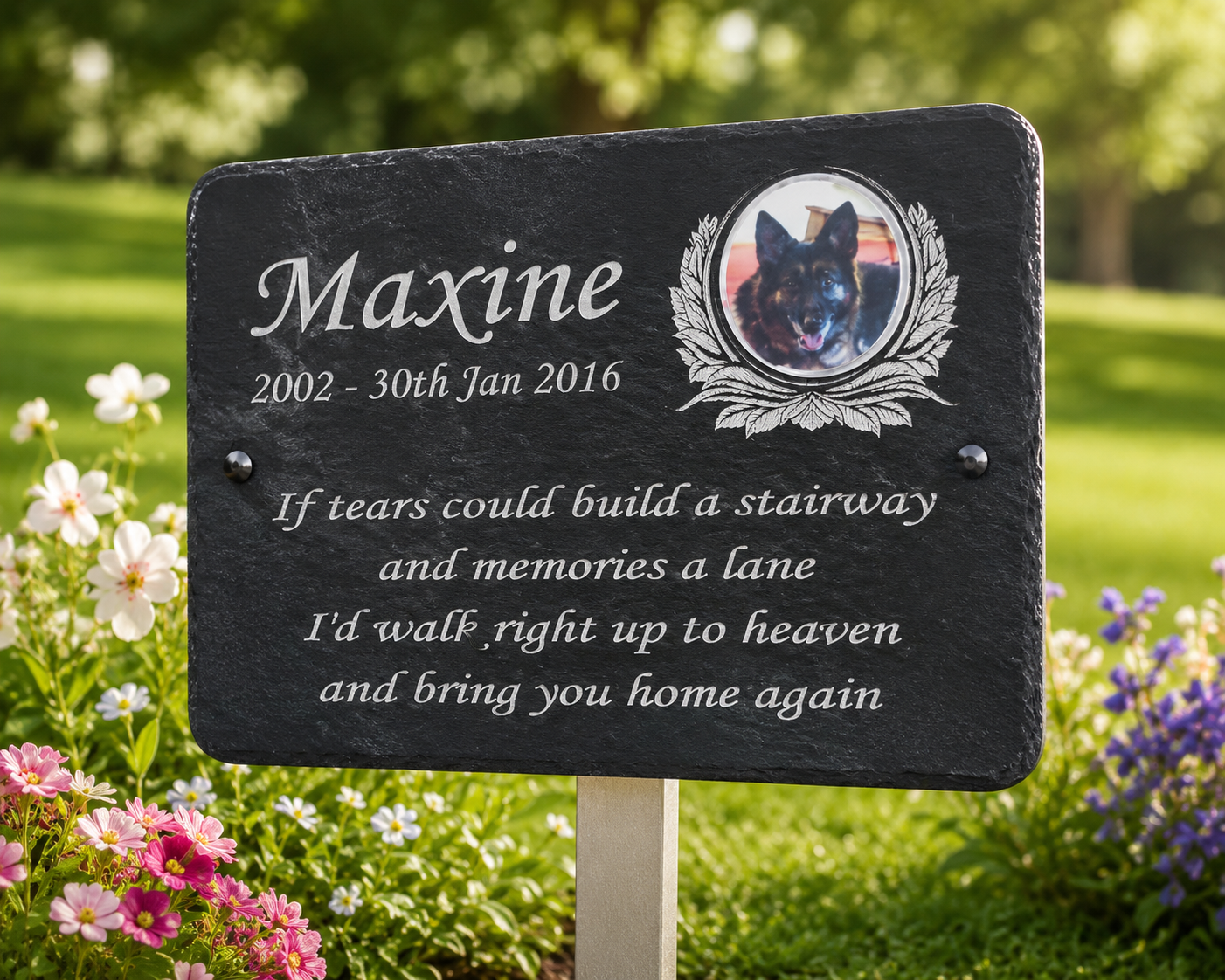Personalised cat and dog photo memorial plaque and natural slate pet grave marker with photograph, name, dates and remembrance wording