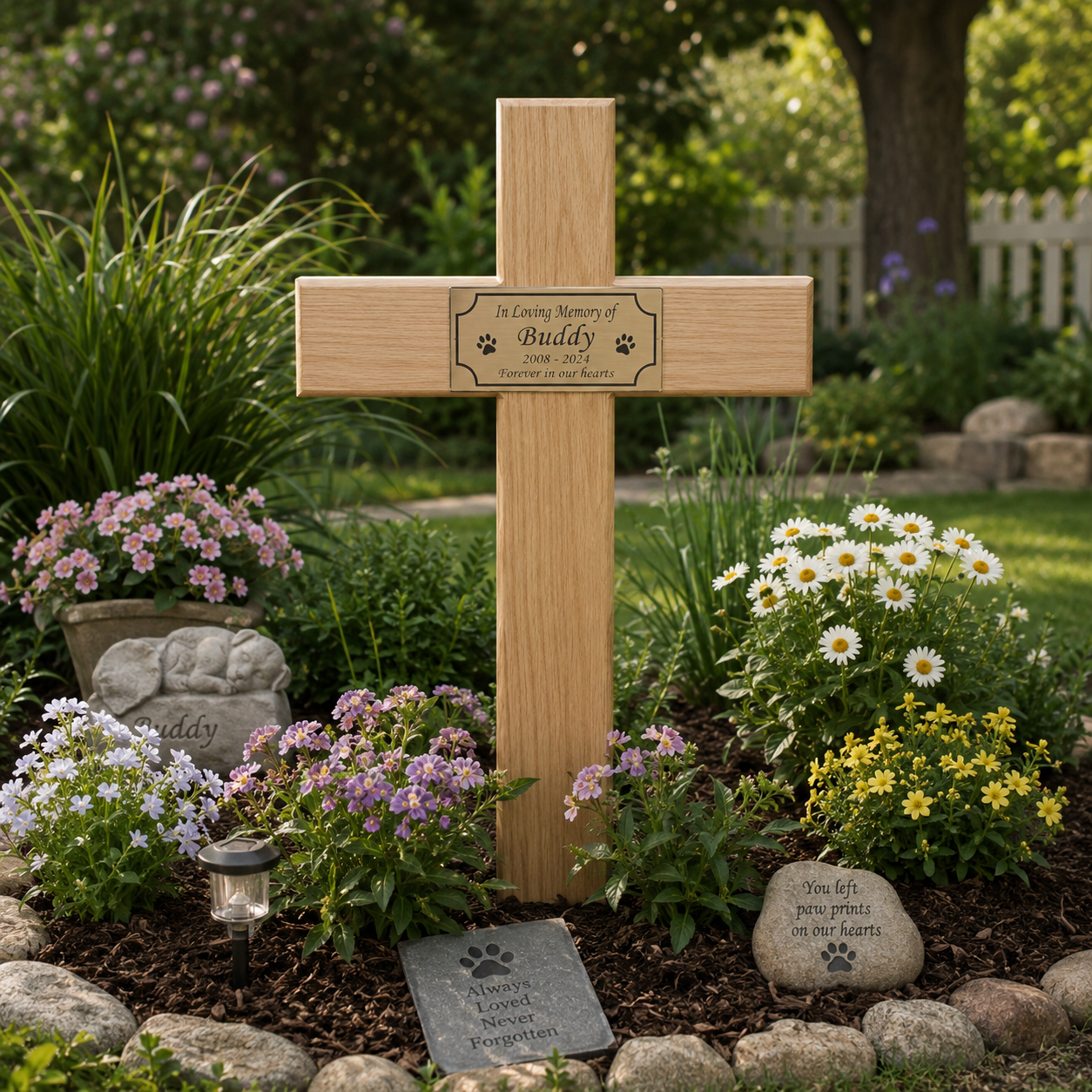 Personalised oak wooden Pet memorial cross with photo memorial plaque displayed in a peaceful garden setting.