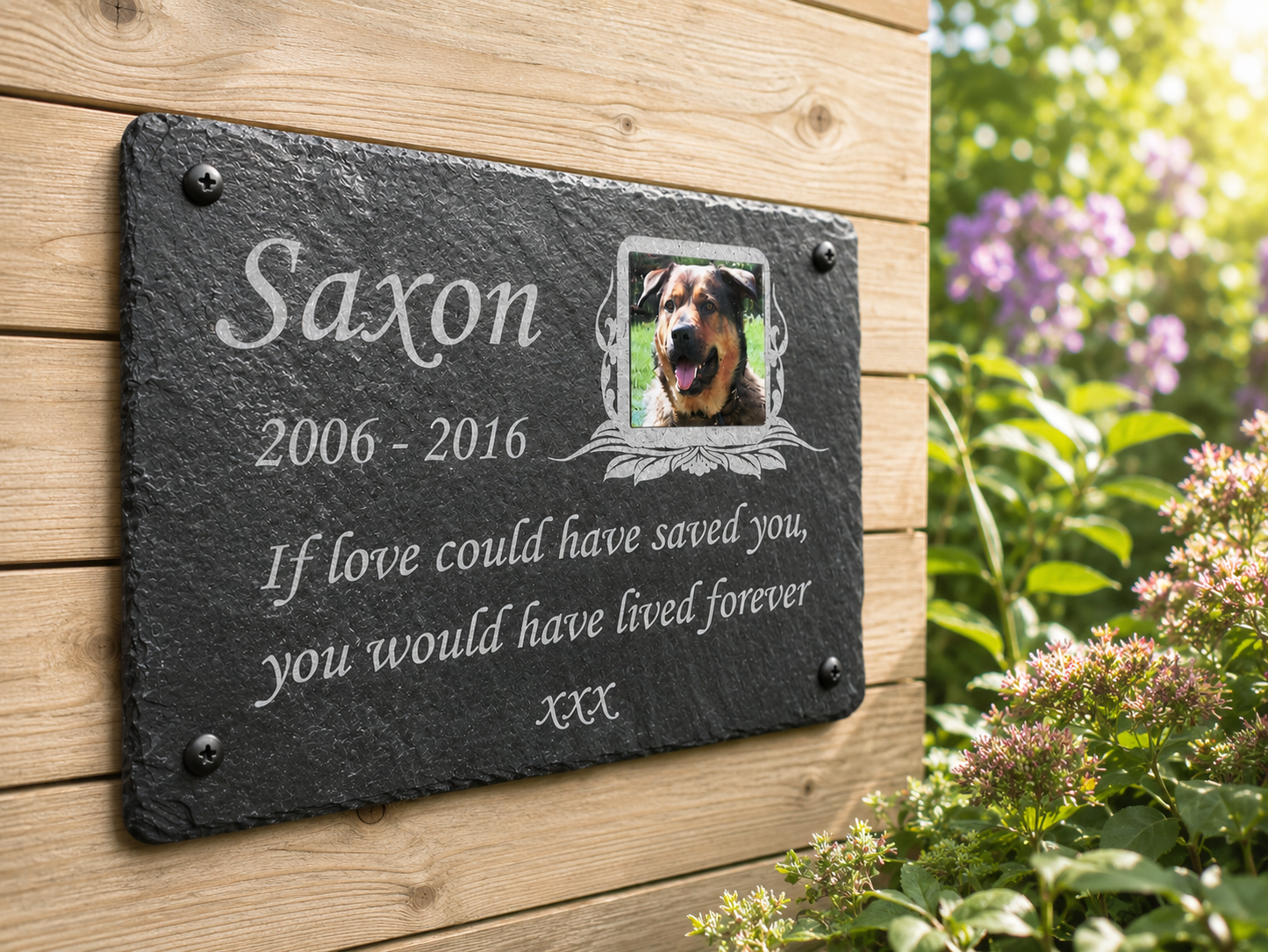 Personalised pet photo memorial plaque with colour pet photograph, laser etched name, dates and remembrance wording on natural slate