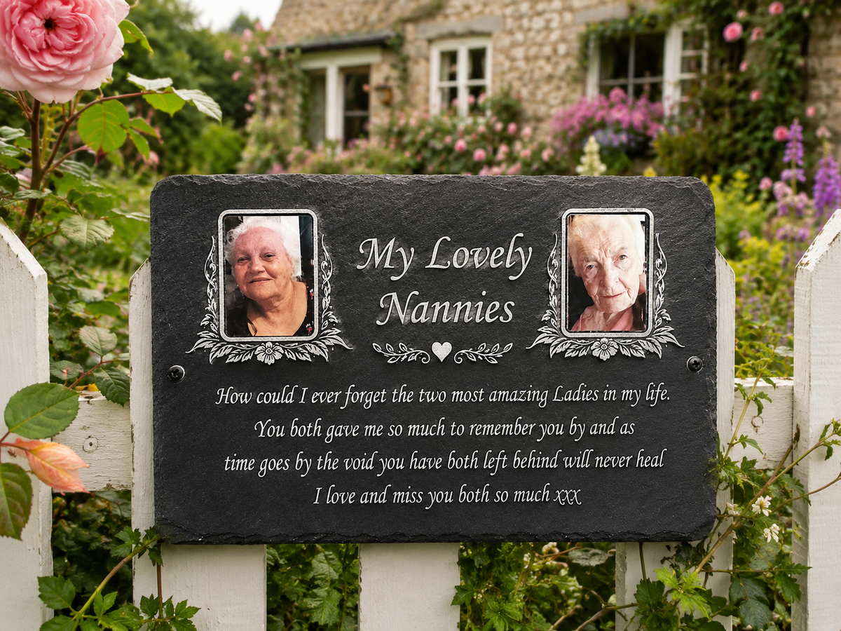 Personalised two photo memorial plaque and natural slate grave marker with two colour photographs, laser etched names, dates and remembrance wording