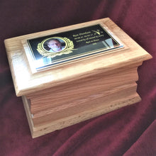 Funeral Urn for Ashes, Adult Casket with Memorial Plaque.