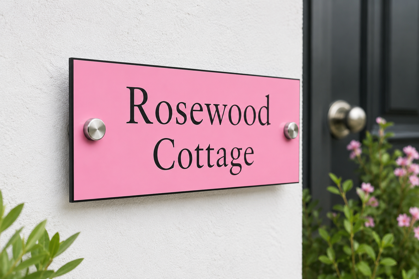A rectangular pink house sign with black lettering reading 'Rosewood Cottage' mounted on a white exterior wall beside a dark door and green plants.