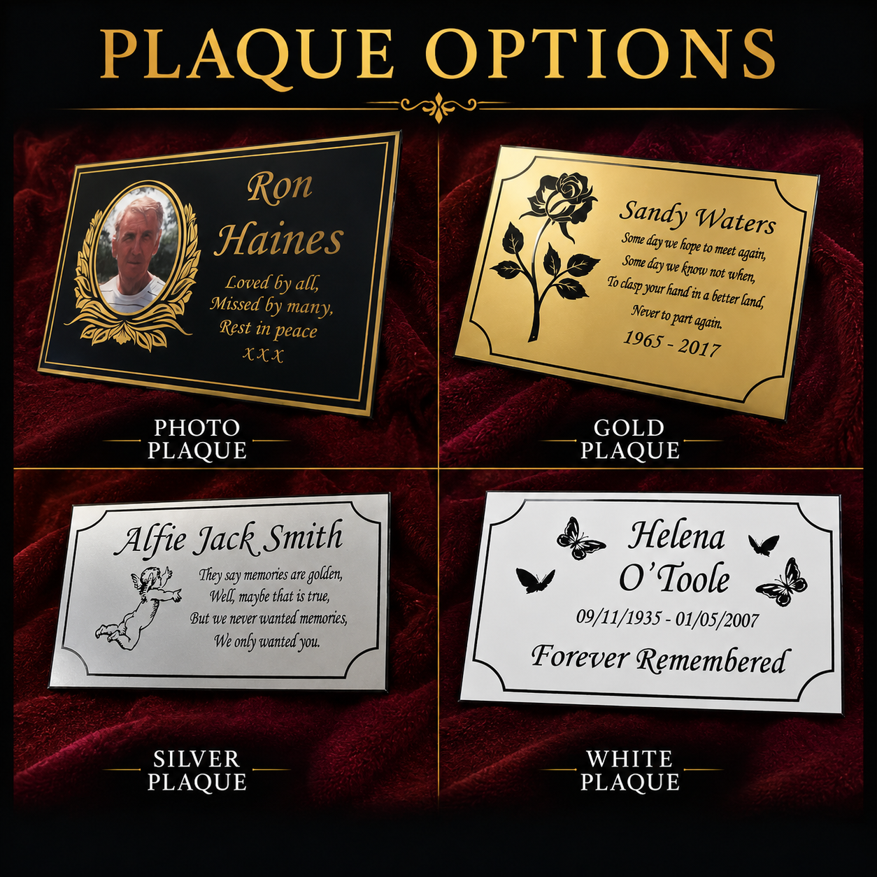 Four memorial plaque options displayed on a dark red fabric background under the heading 'PLAQUE OPTIONS.' The options are labeled Photo Plaque, Gold Plaque, Silver Plaque, and White Plaque, with sample names and epitaphs on the plaques.